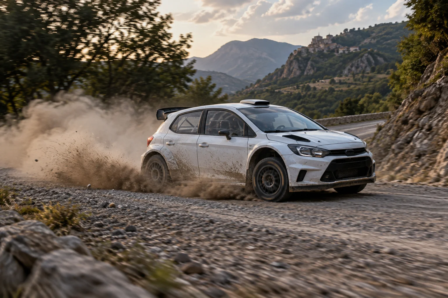 Auto da rally affronta una curva sterrata sollevando polvere; immagine illustrativa