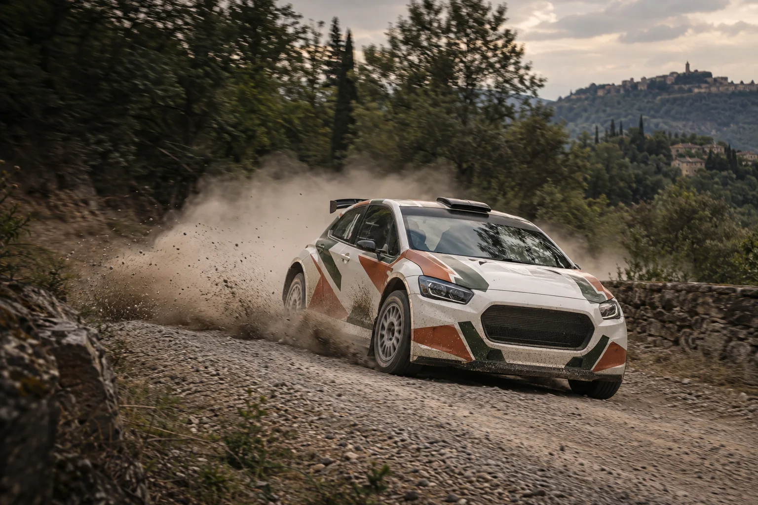 Auto da rally con livrea astratta affronta una curva sterrata; immagine illustrativa