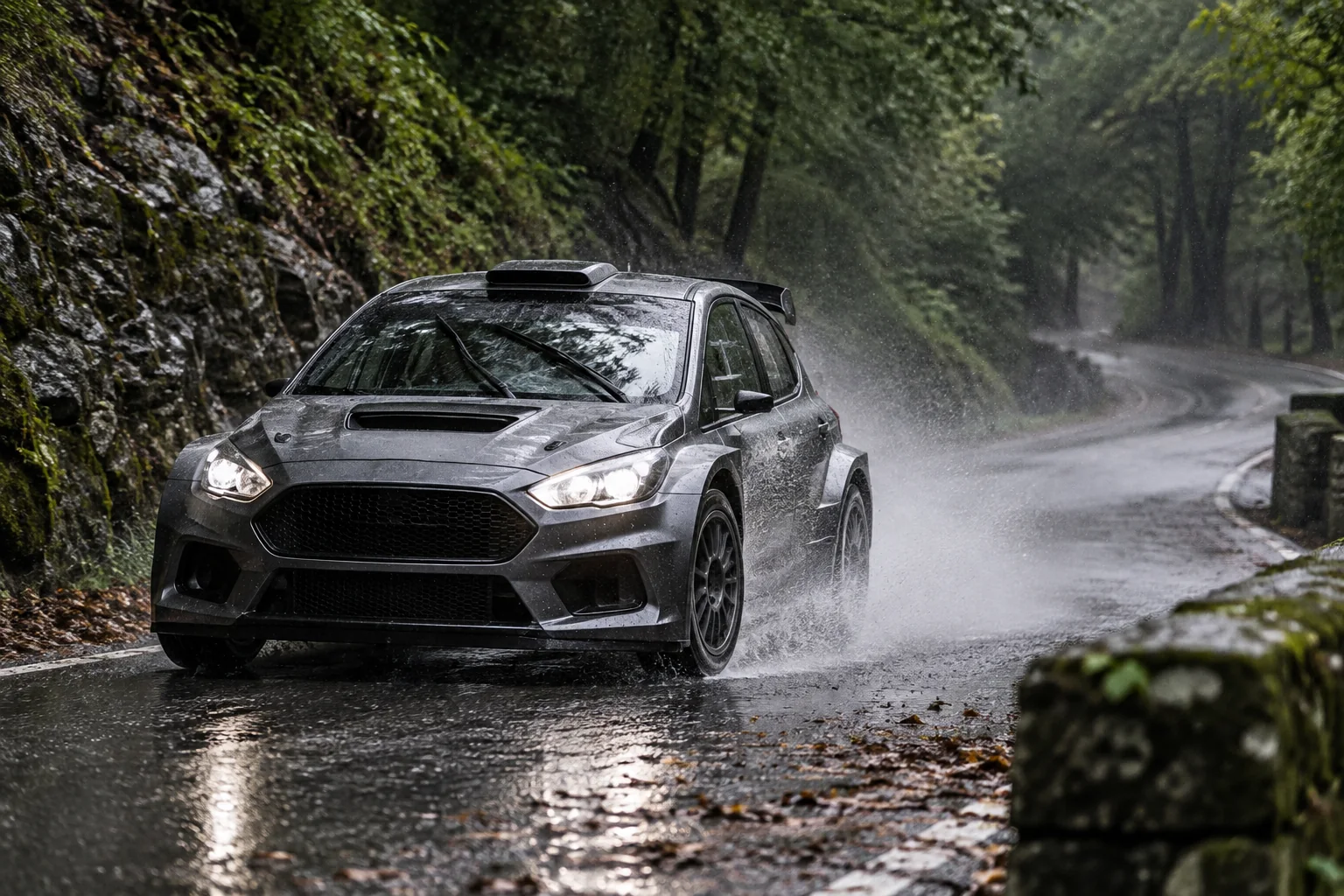 Auto da rally percorre una strada bagnata nel bosco; immagine illustrativa